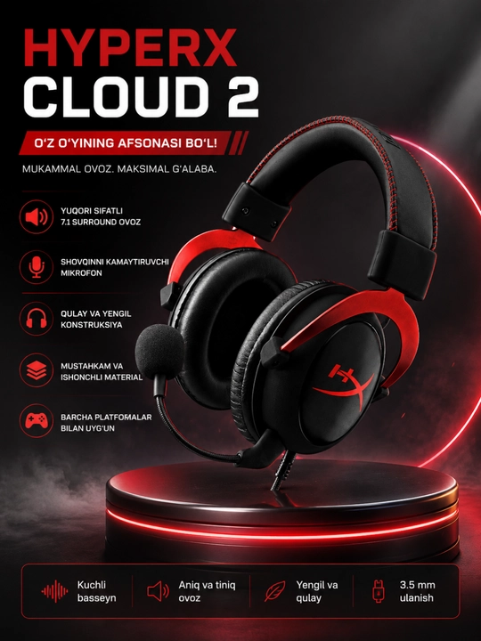 HyperX cloud 2, kompyuter, PS5, Xbox, noutbuk uchun stereo mikrofonli o‘yin garniturasi - 