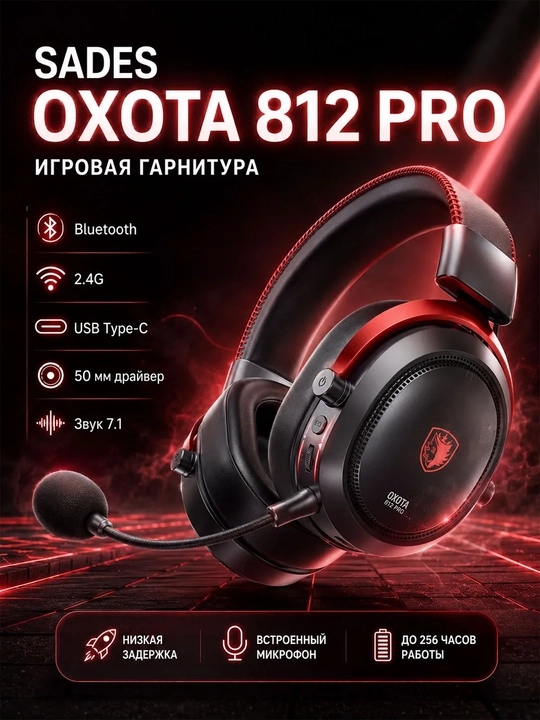 SADES SA-812 PRO mikrofonli geymer quloqchin, simsiz, Bluetooth/2.4G/USB-C