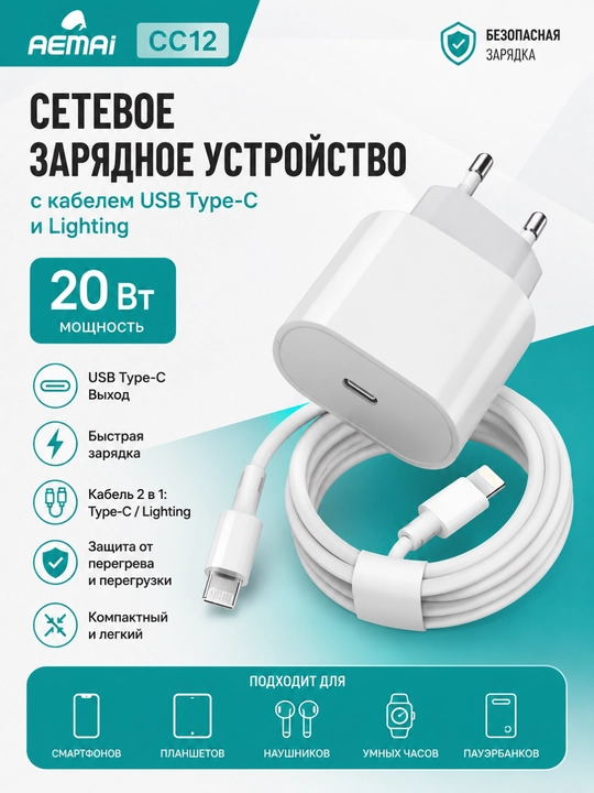 AEMAI CC12 tarmoq zaryadlovchi qurilmasi, USB Type-C, Lighting kabel bilan, 20 Vt - 