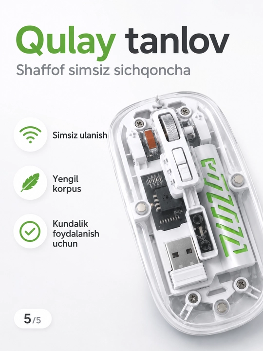 Shaffof simsiz sichqoncha, USB qabul qilgichli, kompyuter va noutbuk uchun