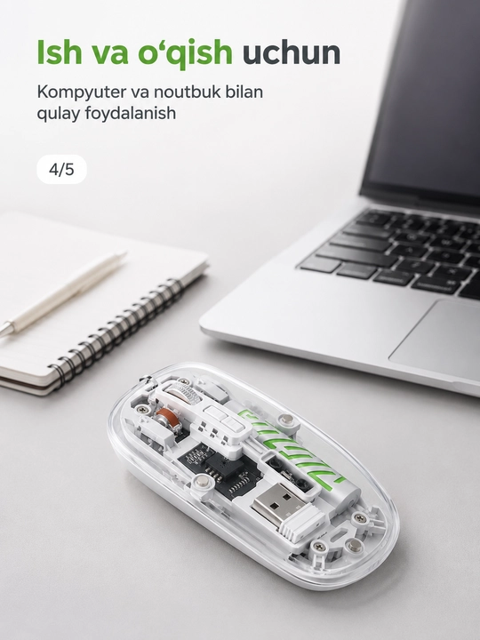 Shaffof simsiz sichqoncha, USB qabul qilgichli, kompyuter va noutbuk uchun