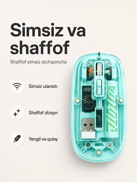 Shaffof simsiz sichqoncha, USB qabul qilgichli, kompyuter va noutbuk uchun
