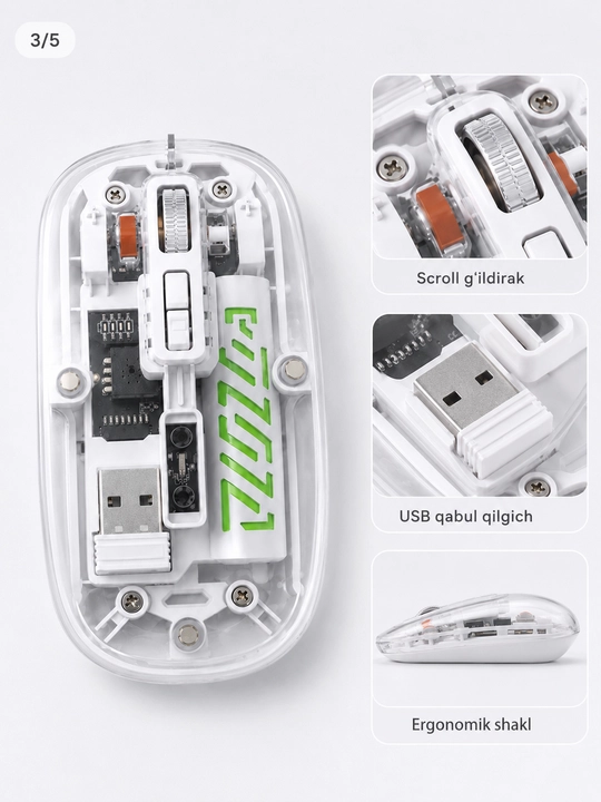 Shaffof simsiz sichqoncha, USB qabul qilgichli, kompyuter va noutbuk uchun
