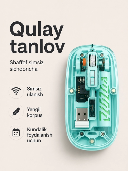 Shaffof simsiz sichqoncha, USB qabul qilgichli, kompyuter va noutbuk uchun