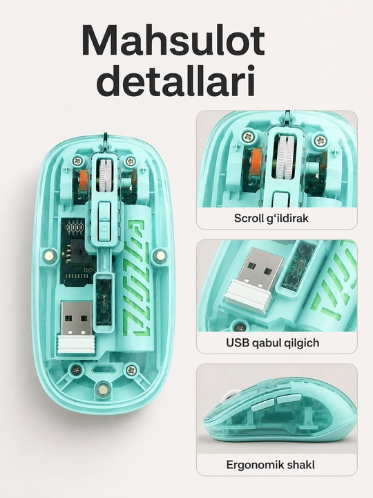 Shaffof simsiz sichqoncha, USB qabul qilgichli, kompyuter va noutbuk uchun