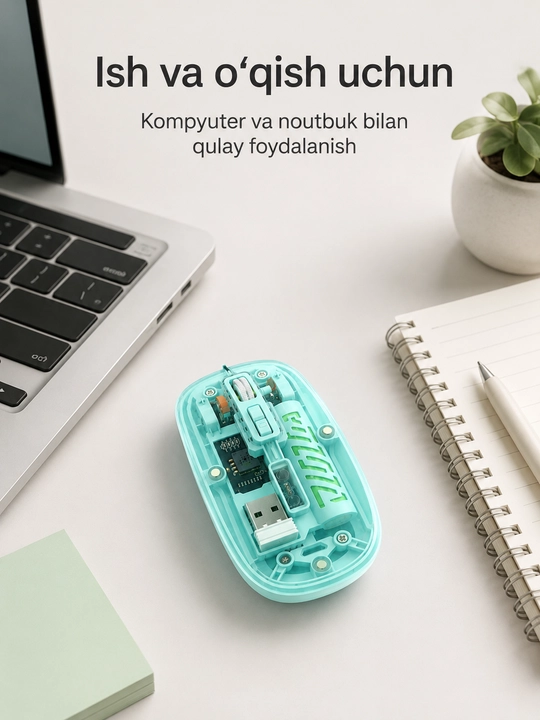 Shaffof simsiz sichqoncha, USB qabul qilgichli, kompyuter va noutbuk uchun