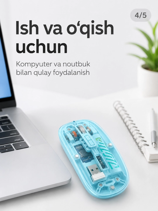 Shaffof simsiz sichqoncha, USB qabul qilgichli, kompyuter va noutbuk uchun