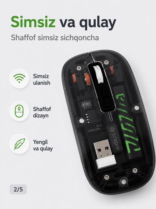 Shaffof simsiz sichqoncha, USB qabul qilgichli, kompyuter va noutbuk uchun