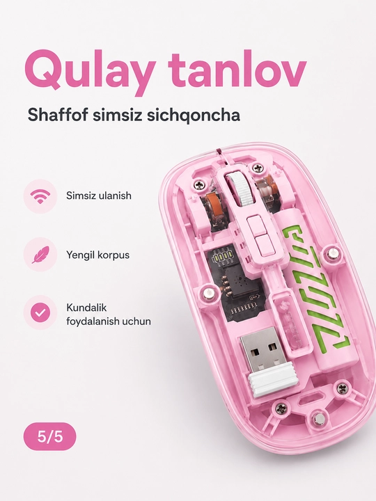 Shaffof simsiz sichqoncha, USB qabul qilgichli, kompyuter va noutbuk uchun