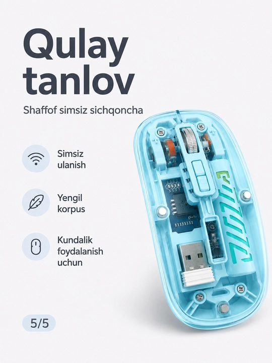 Shaffof simsiz sichqoncha, USB qabul qilgichli, kompyuter va noutbuk uchun