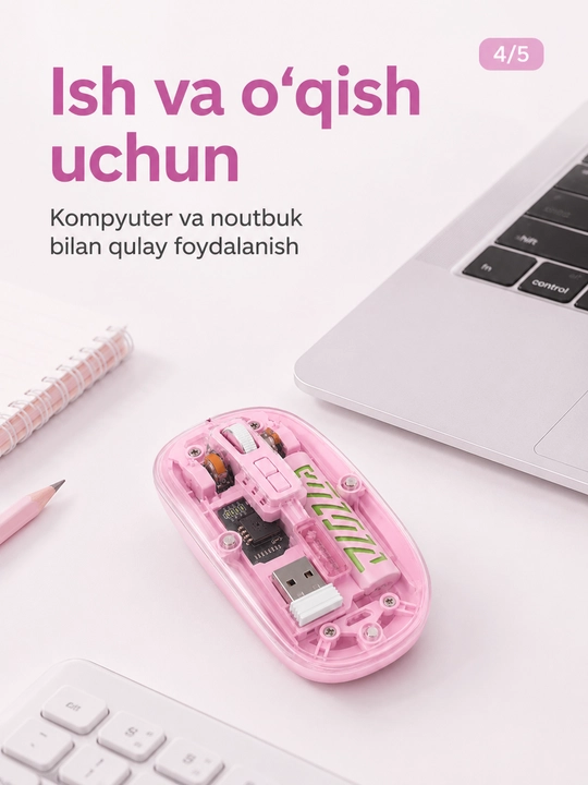 Shaffof simsiz sichqoncha, USB qabul qilgichli, kompyuter va noutbuk uchun