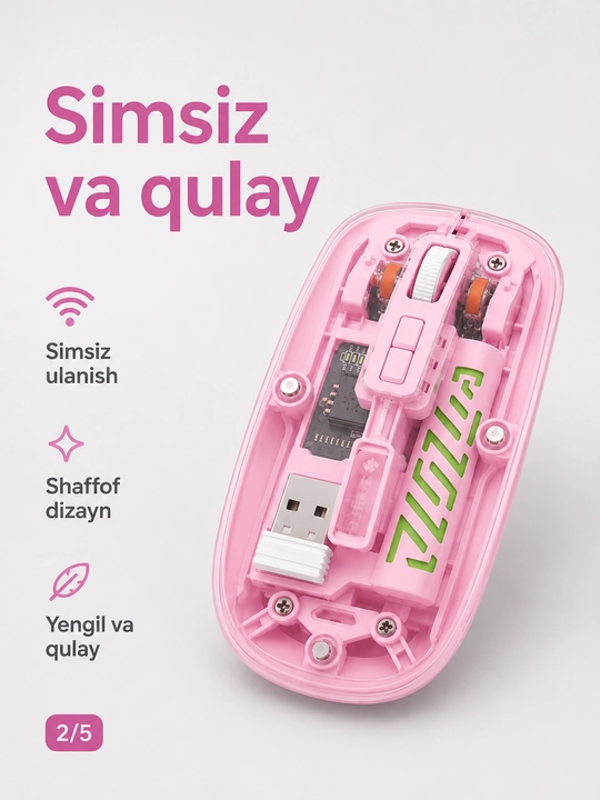 Shaffof simsiz sichqoncha, USB qabul qilgichli, kompyuter va noutbuk uchun