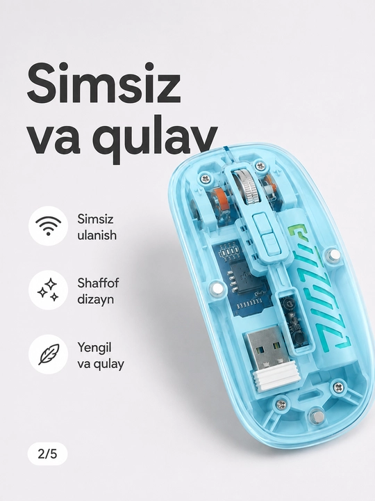 Shaffof simsiz sichqoncha, USB qabul qilgichli, kompyuter va noutbuk uchun