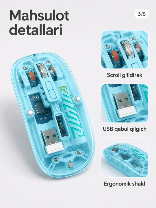 Shaffof simsiz sichqoncha, USB qabul qilgichli, kompyuter va noutbuk uchun