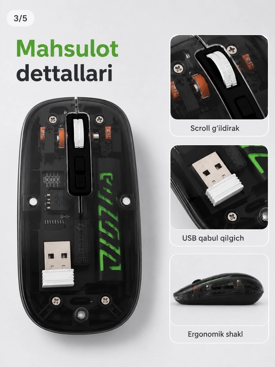 Shaffof simsiz sichqoncha, USB qabul qilgichli, kompyuter va noutbuk uchun