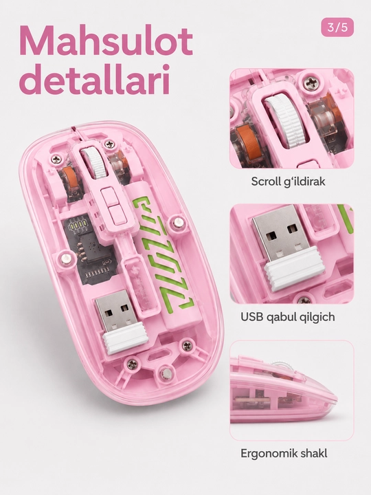 Shaffof simsiz sichqoncha, USB qabul qilgichli, kompyuter va noutbuk uchun