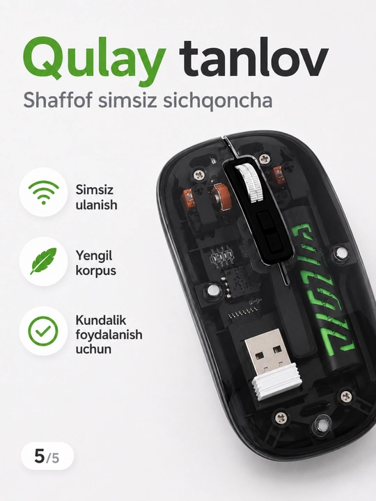 Shaffof simsiz sichqoncha, USB qabul qilgichli, kompyuter va noutbuk uchun