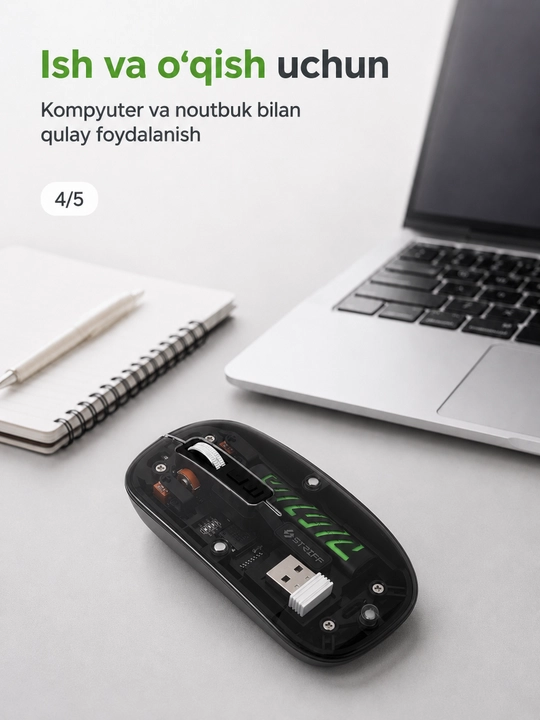 Shaffof simsiz sichqoncha, USB qabul qilgichli, kompyuter va noutbuk uchun