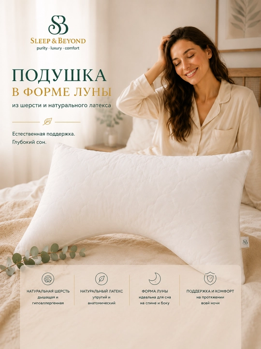 Lateks va jun yostig‘i «Luna» yostiq jildi bilan, SLEEP&BEYOND sog‘lom uyqu uchun - 