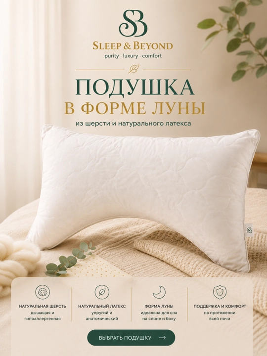 Lateks va jun yostig‘i «Luna» yostiq jildi bilan, SLEEP&BEYOND sog‘lom uyqu uchun