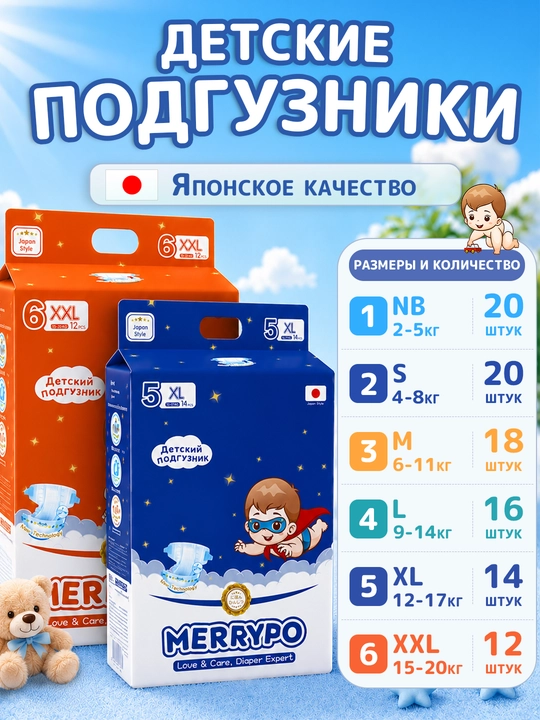 Подгузники Merrypo размер 1-6 (NB-XXL), дышащие, быстрое впитывание, японская технология