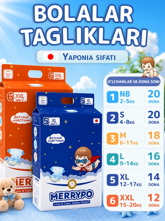 Подгузники Merrypo размер 1-6 (NB-XXL), дышащие, быстрое впитывание, японская технология - 