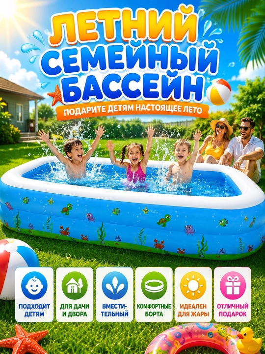 Большой надувной семейный бассейн Intime 262×175×51см — отдых для детей и взрослых - 