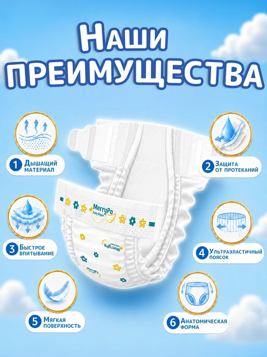Подгузники Merrypo размер 1-6 (NB-XXL), дышащие, быстрое впитывание, японская технология