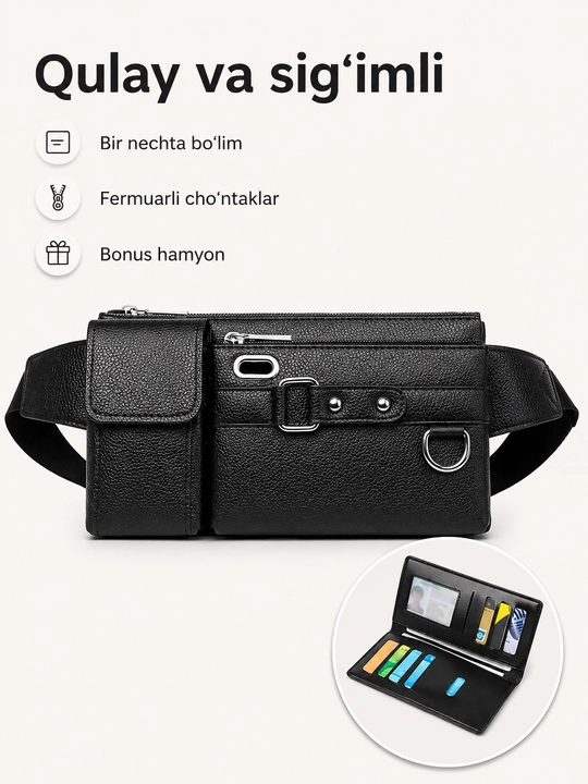 Bel sumkasi portmone bilan, eko charm, molniyali bo‘limli qulay model