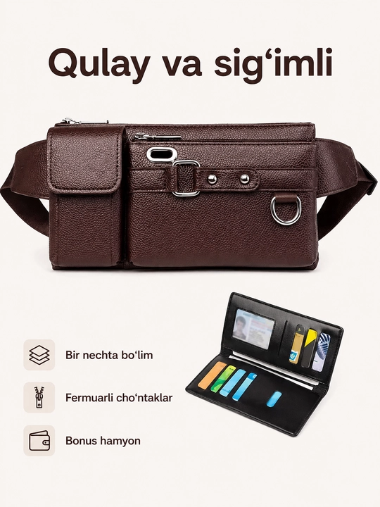 Bel sumkasi portmone bilan, eko charm, molniyali bo‘limli qulay model