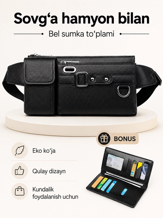 Bel sumkasi portmone bilan, eko charm, molniyali bo‘limli qulay model