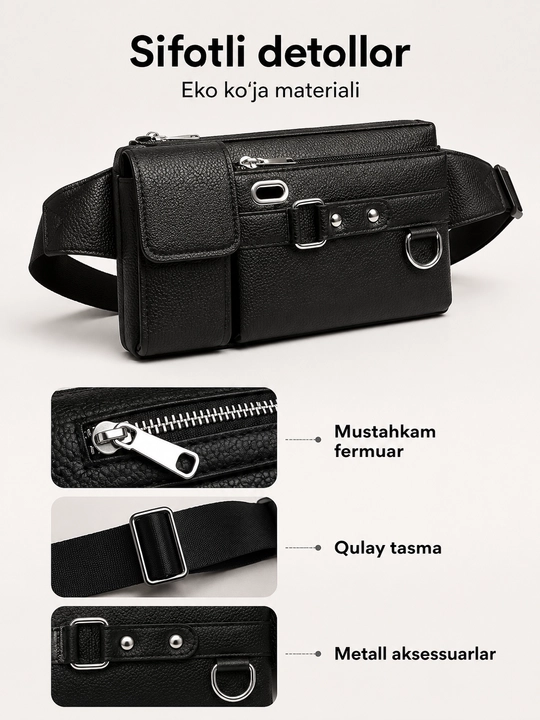 Bel sumkasi portmone bilan, eko charm, molniyali bo‘limli qulay model