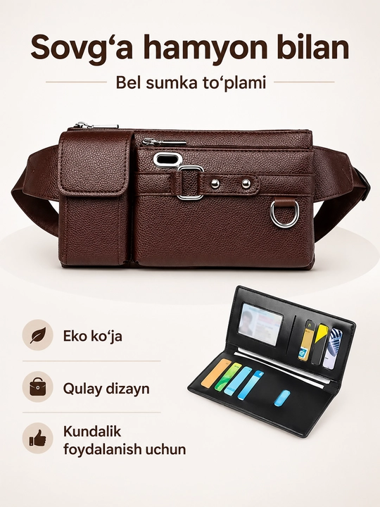 Bel sumkasi portmone bilan, eko charm, molniyali bo‘limli qulay model