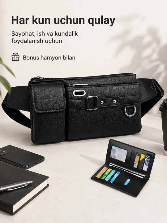 Bel sumkasi portmone bilan, eko charm, molniyali bo‘limli qulay model
