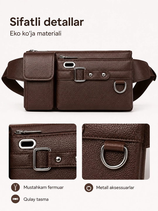 Bel sumkasi portmone bilan, eko charm, molniyali bo‘limli qulay model