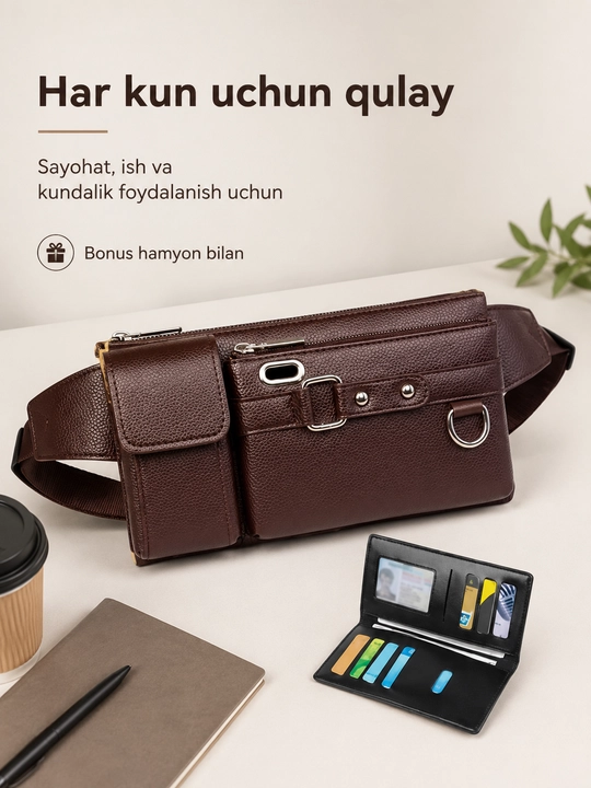 Bel sumkasi portmone bilan, eko charm, molniyali bo‘limli qulay model