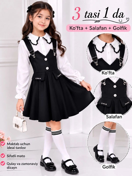 Qizlar uchun maktab formasi, oq koylak, qora yubka, 7-11 yosh, 8-12 yosh, maktab formasi