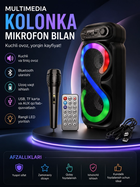Ko'p Funksiyali Bluetooth Karaoke Kolonkasi, Mikrofon, RGB LED va Masofadan Boshqaruv - 