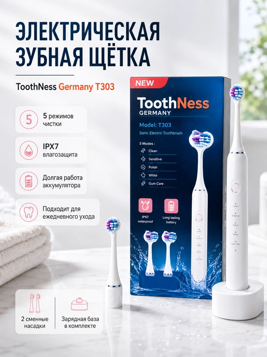 Elektr tish cho‘tkasi T303, 5 rejim, IPX7 suvga chidamli - 