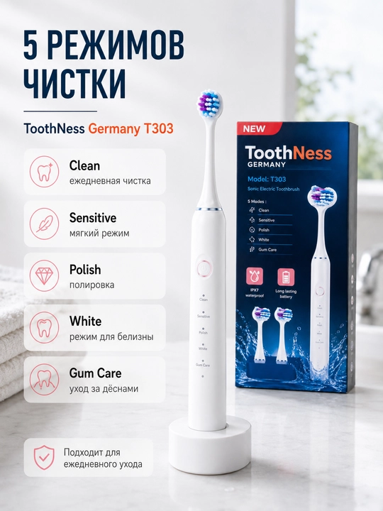 Elektr tish cho‘tkasi T303, 5 rejim, IPX7 suvga chidamli