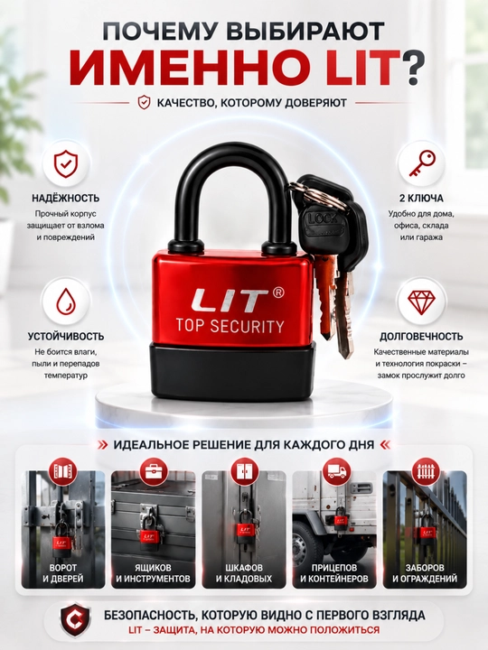 Замок навесной с ключом дверной, замок безопасности TOP SECURITY LIT