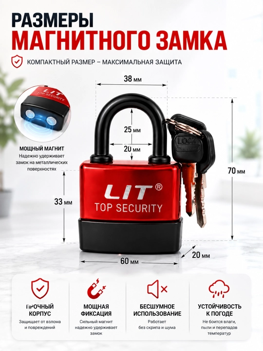 Замок навесной с ключом дверной, замок безопасности TOP SECURITY LIT