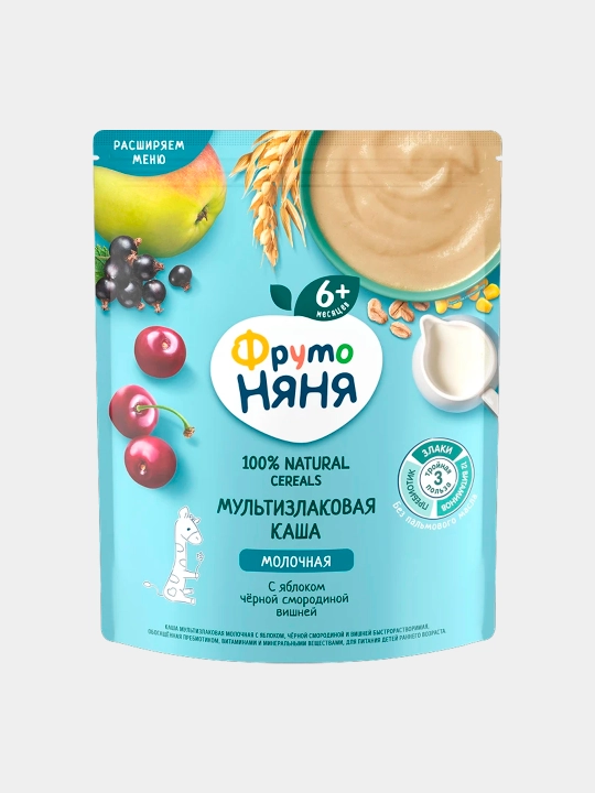 Каша мультизлаковая молочная ФрутоНяня с яблоком, черной смородиной и вишней, 190 г - 