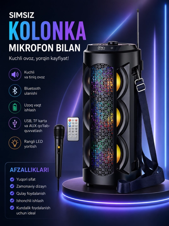 ZQS4303 Bluetooth Karaoke Kolonkasi, Mikrofon, RGB LED va Masofadan Boshqaruv Pulti - 