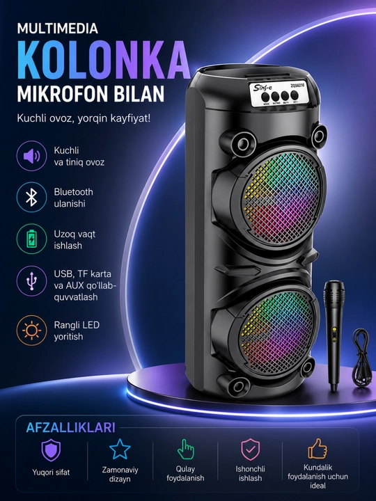 3000W Bluetooth Karaoke Kolonkasi, RGB LED, Mikrofon va USB/TF Qo‘llab-quvvatlash - 