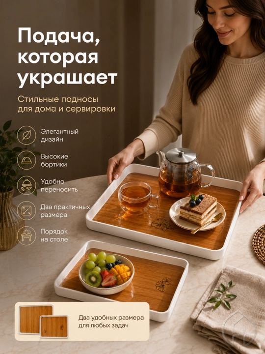 Поднос сервировочный с деревянным дном, белый бортик, 35×23 см и 30×19 см xp-11-15