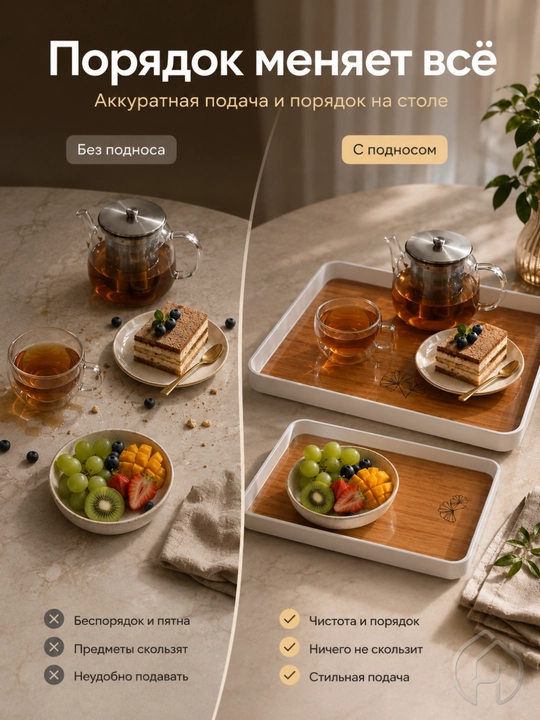 Поднос сервировочный с деревянным дном, белый бортик, 35×23 см и 30×19 см xp-11-15