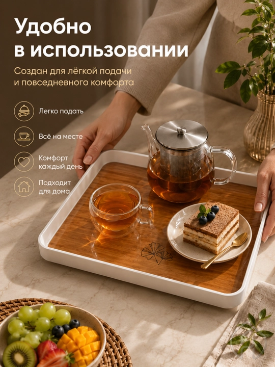 Поднос сервировочный с деревянным дном, белый бортик, 35×23 см и 30×19 см xp-11-15