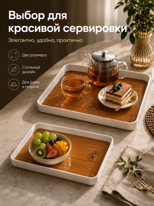 Поднос сервировочный с деревянным дном, белый бортик, 35×23 см и 30×19 см xp-11-15