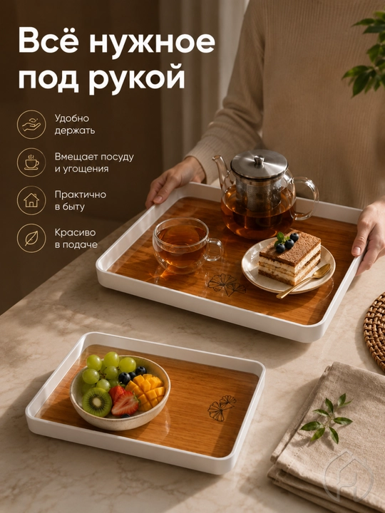 Поднос сервировочный с деревянным дном, белый бортик, 35×23 см и 30×19 см xp-11-15